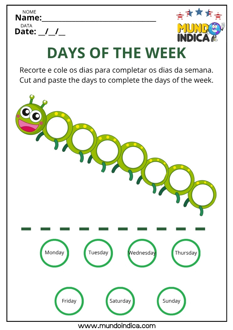 Atividade de Inglês para os Anos Iniciais do Ensino Fundamental com Recorte e Colagem dos Dias da Semana