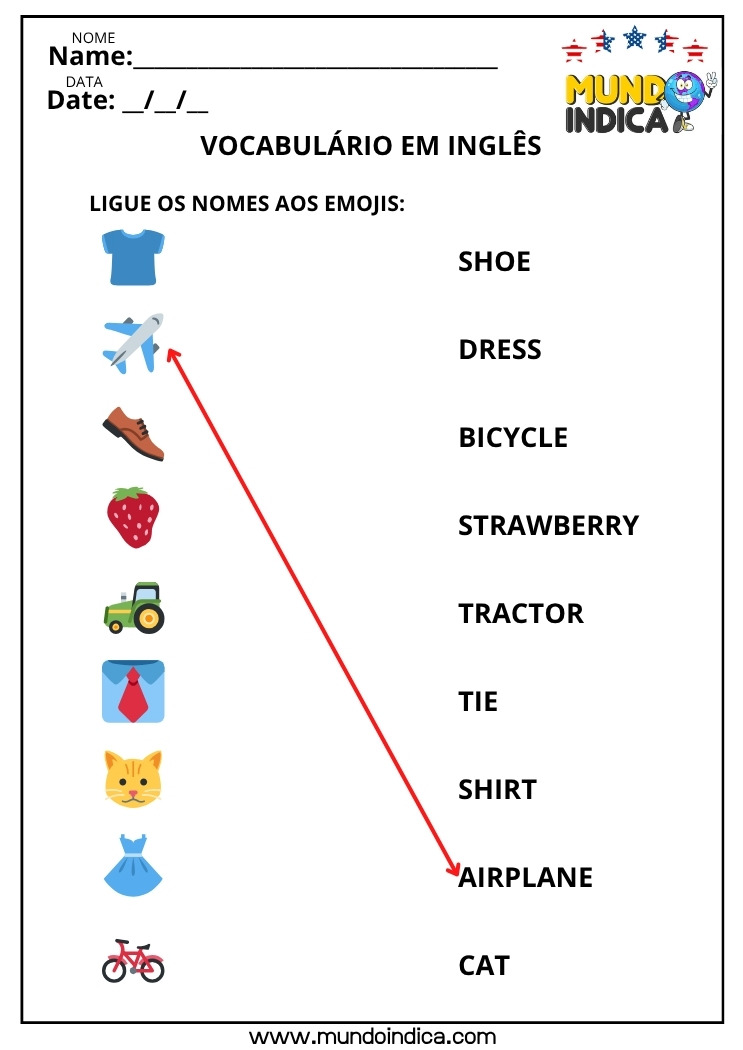 Atividade de Inglês para os Anos Iniciais do Ensino Fundamental com Vocabulário de Roupas, Meios de Transporte, Frutas e Animais