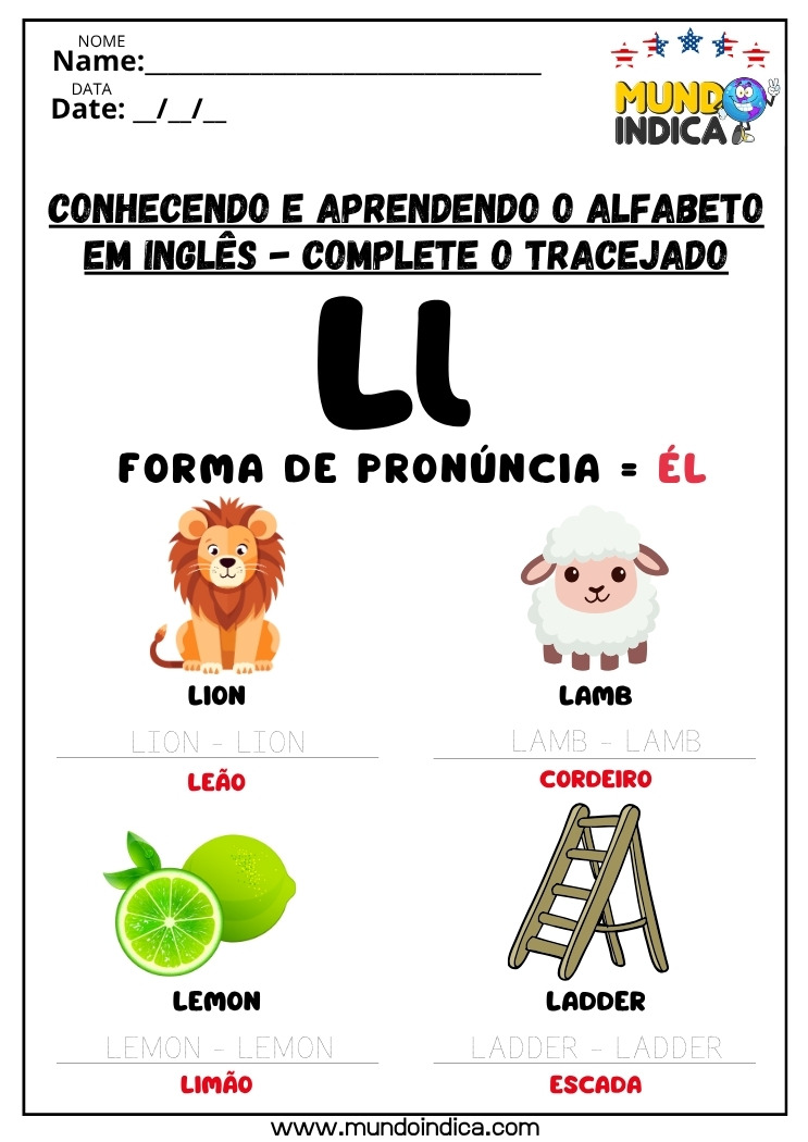 Atividade de Inglês para os Anos Iniciais do Ensino Fundamental para Completar o Tracejado as Palavras que Começam com L