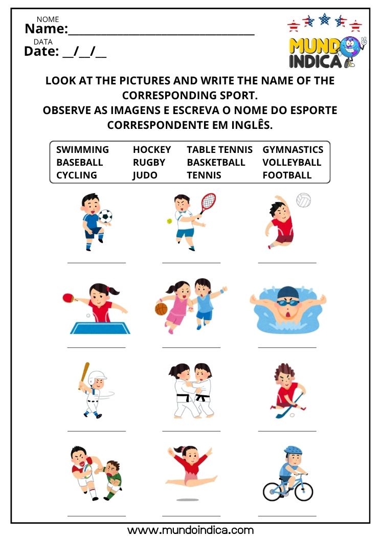 Atividade de Inglês para os Anos Iniciais do Ensino Fundamental sobre Esportes para Imprimir