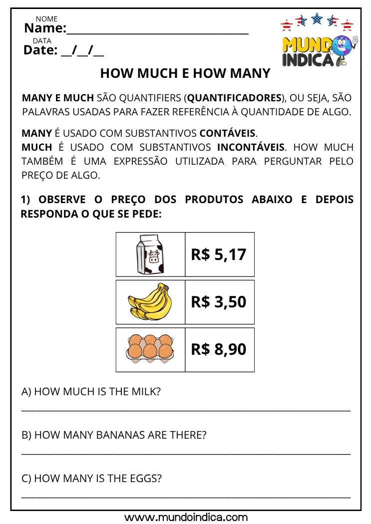 Atividade de Inglês para os Anos Iniciais do Ensino Fundamental sobre How Much e How Many
