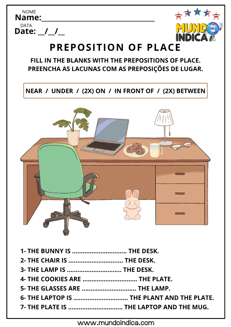 Atividade de Inglês para os Anos Iniciais do Ensino Fundamental sobre Preposições de Lugar para Imprimir