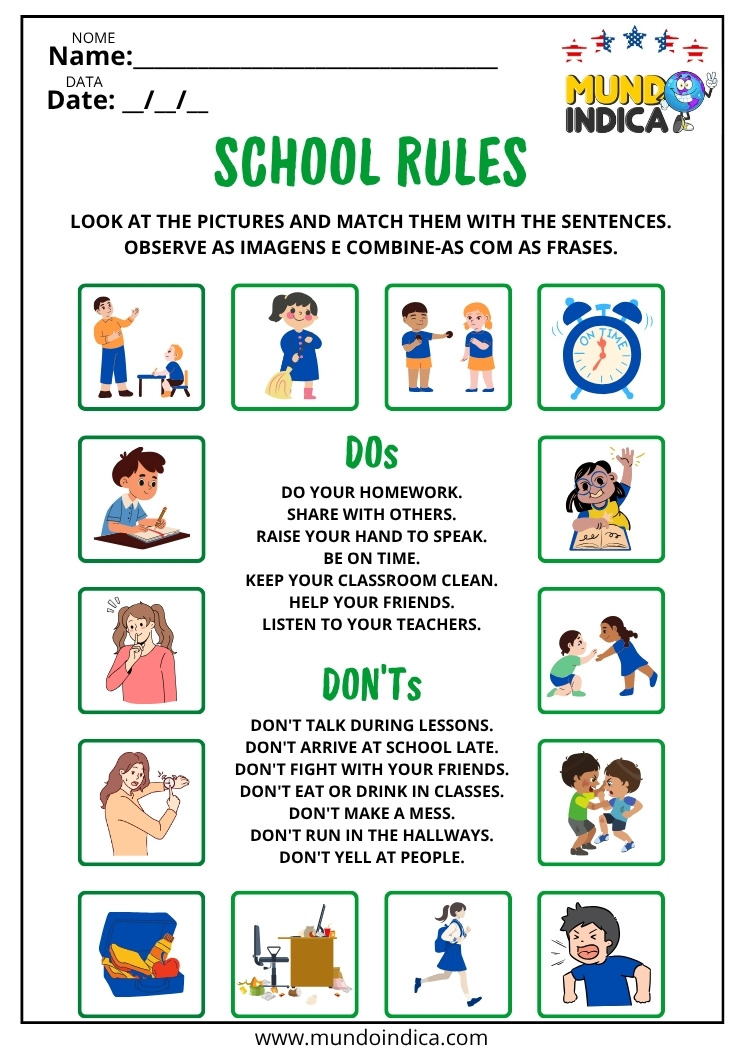 Atividade de Inglês para os Anos Iniciais do Ensino Fundamental sobre Regras para Imprimir