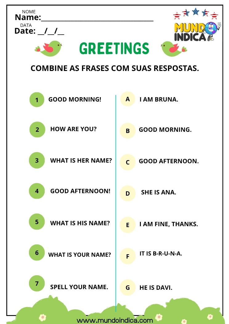 Atividade de Inglês para os Anos Iniciais do Ensino Fundamental sobre Saudações para Imprimir