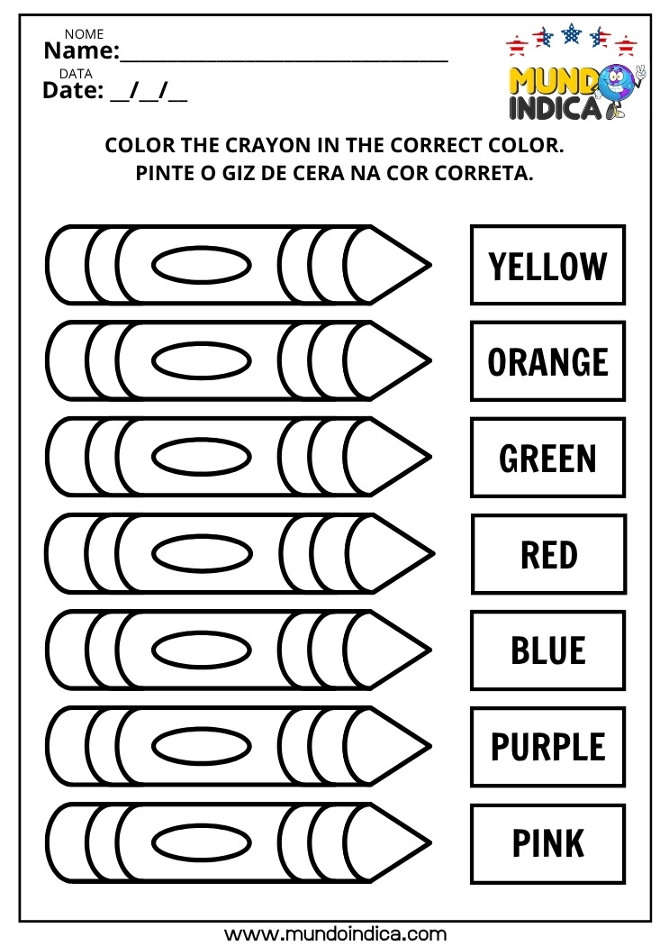 Atividade de Inglês para os Anos Iniciais para Pintar Conforme as Cores Sugeridas