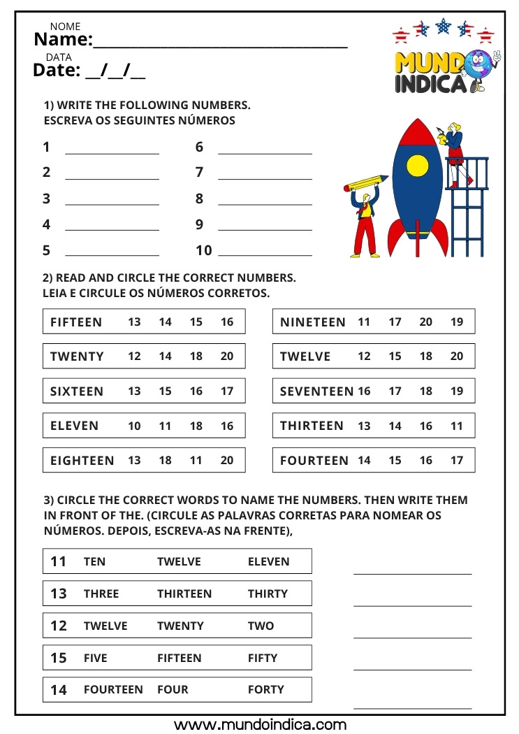 Atividade de Inglês para os Anos Iniciais sobre Números para Imprimir