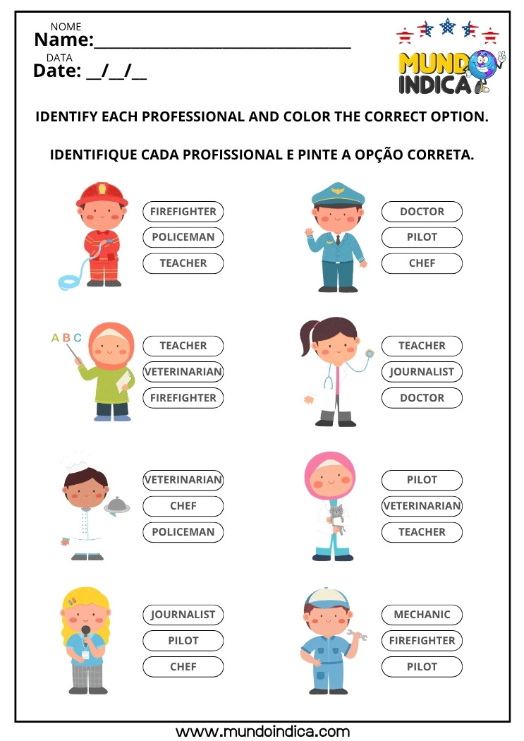 Atividade de Inglês para os Anos Iniciais sobre Profissões para Imprimir