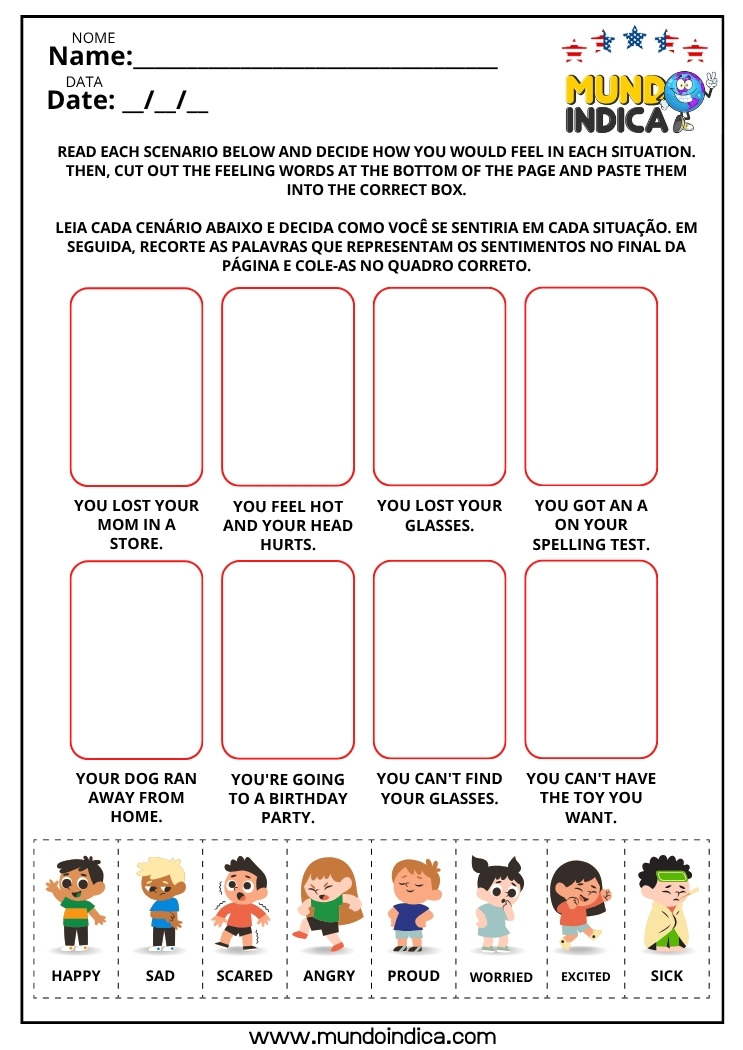 Atividade de Inglês para os Anos Iniciais sobre Sentimentos para Imprimir