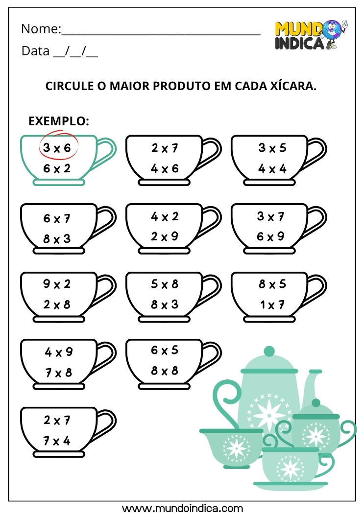 Atividade de Matemática Anos Iniciais do Ensino Fundamental com Multiplicação para Circular o Maior Produto em Cada Xícara