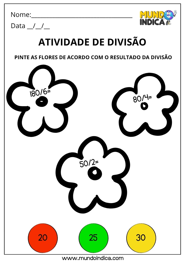 Atividade de Matemática para os Anos Iniciais Pinte as Flores Conforme o Resultado da Divisão