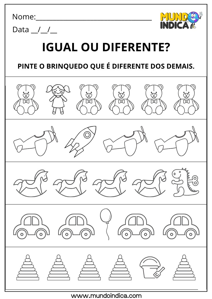 Atividade de Matemática para os Anos Iniciais com Exercício de Percepção Visual para Encontrar o Brinquedo Diferente