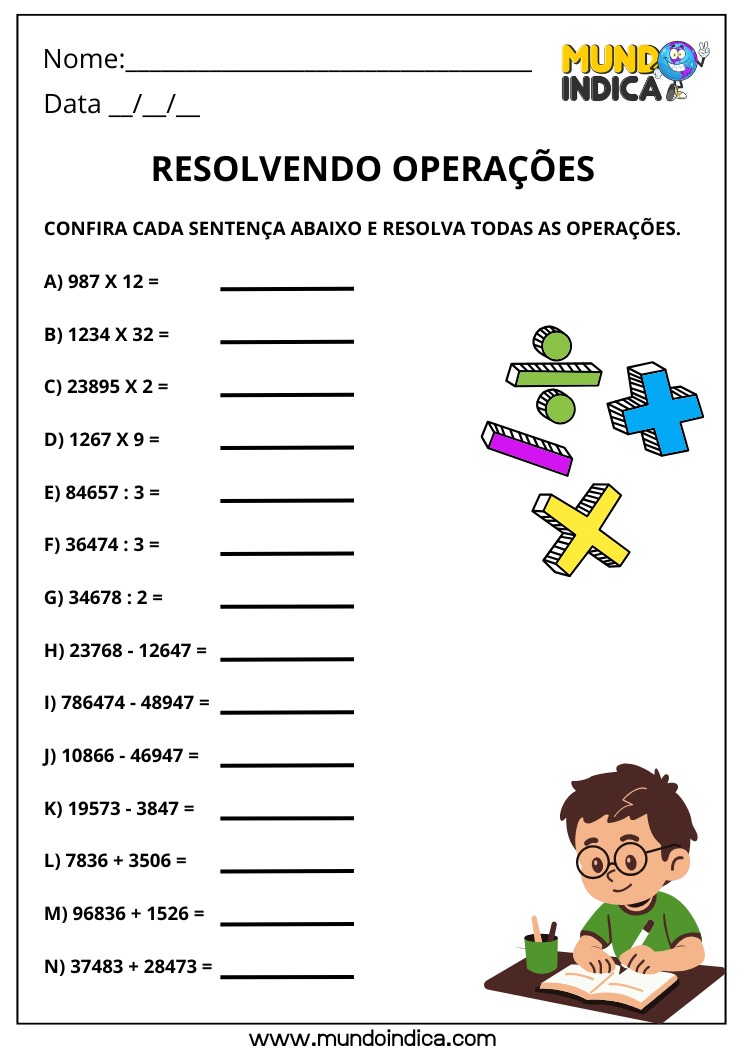 Atividade de Matemática para os Anos Iniciais com Exercícios de Adição, Subtração, Divisão e Multiplicação para Resolver