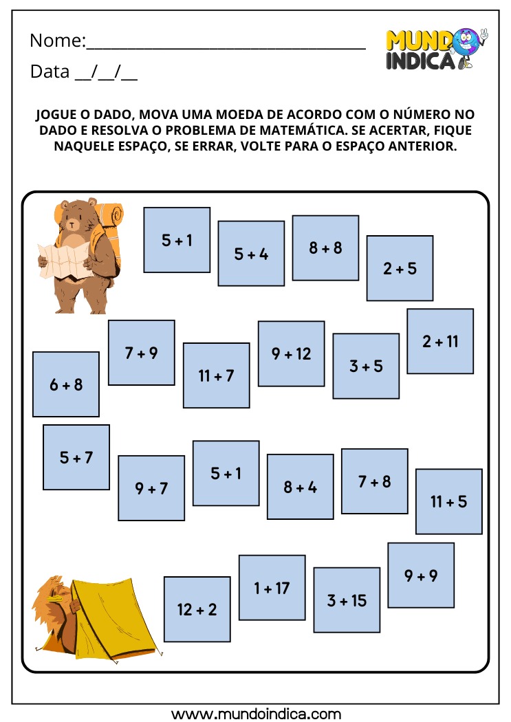 Atividade de Matemática para os Anos Iniciais do Ensino Fundamental com Jogo de Dados e Adição
