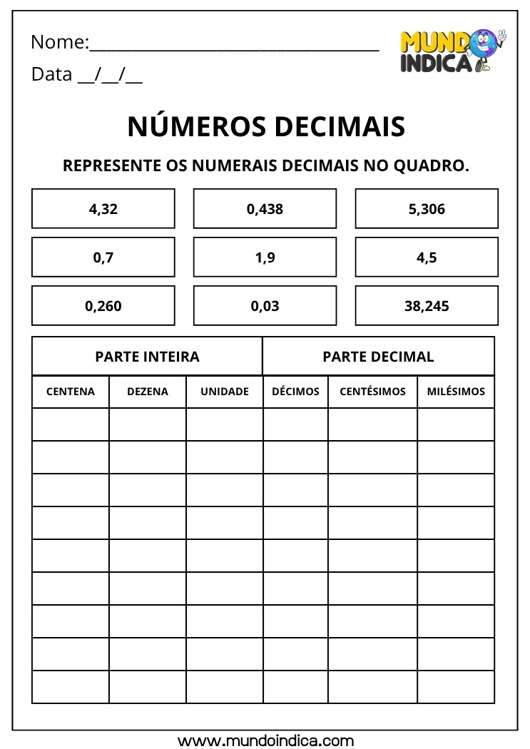 Atividade de Matemática para os Anos Iniciais do Ensino Fundamental com Números Decimais