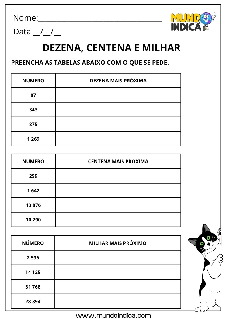 Atividade de Matemática para os Anos Iniciais do Ensino Fundamental sobre Dezena, Centena e Milhar