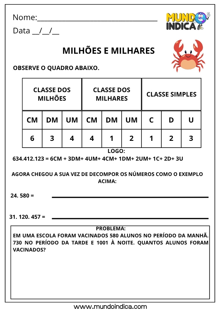 Atividade de Matemática para os Anos Iniciais do Ensino Fundamental sobre Milhões e Milhares
