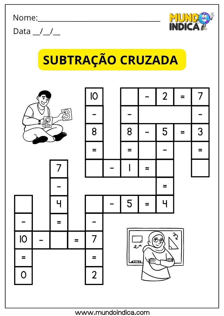 Atividade de Matemática para os Anos Iniciais do Fundamental com Cruzadinha de Subtração