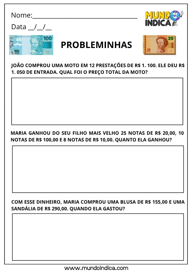 Atividade de Matemática para os Anos Iniciais do Fundamental com Probleminhas Matemáticos para Resolver