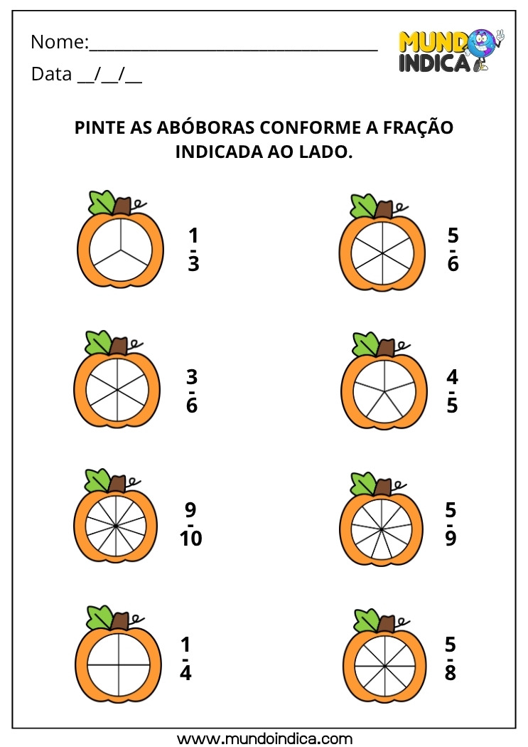 Atividade de Matemática para os Anos Iniciais do Fundamental sobre Fração com Pintura das Abóboras