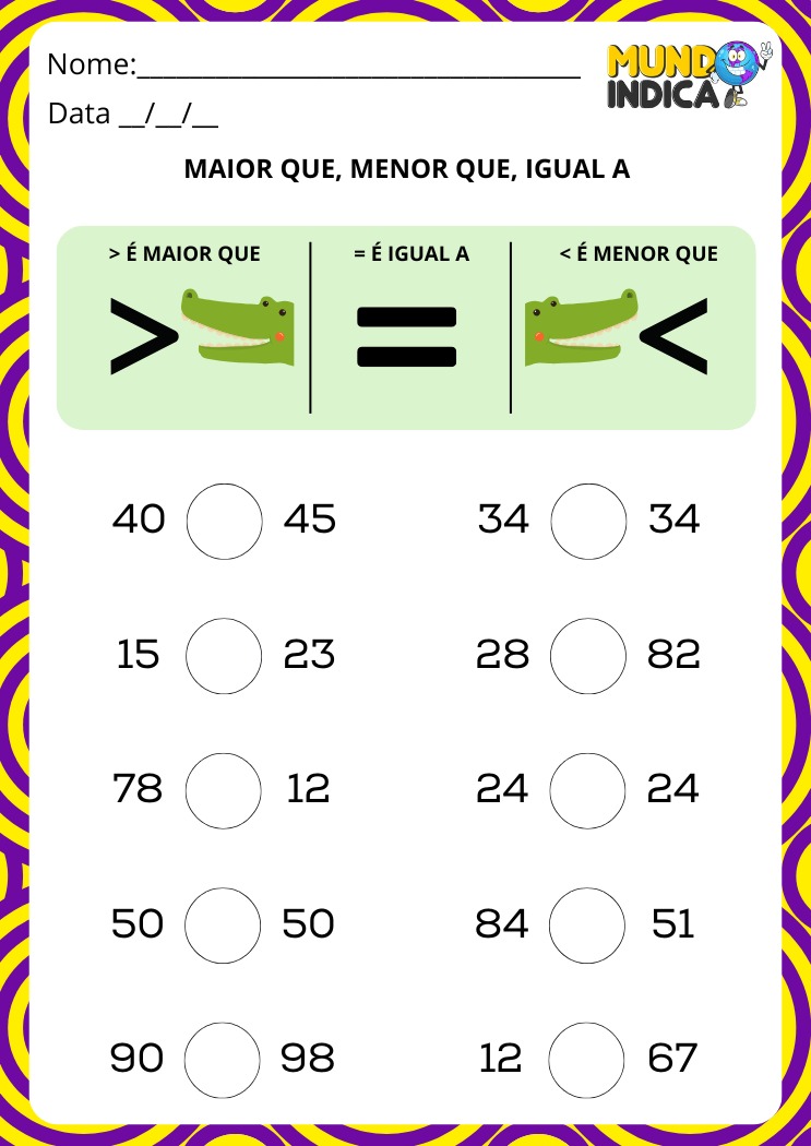 Atividade de Matemática para os Anos Iniciais sobre Maior que, Menor que e Igual a