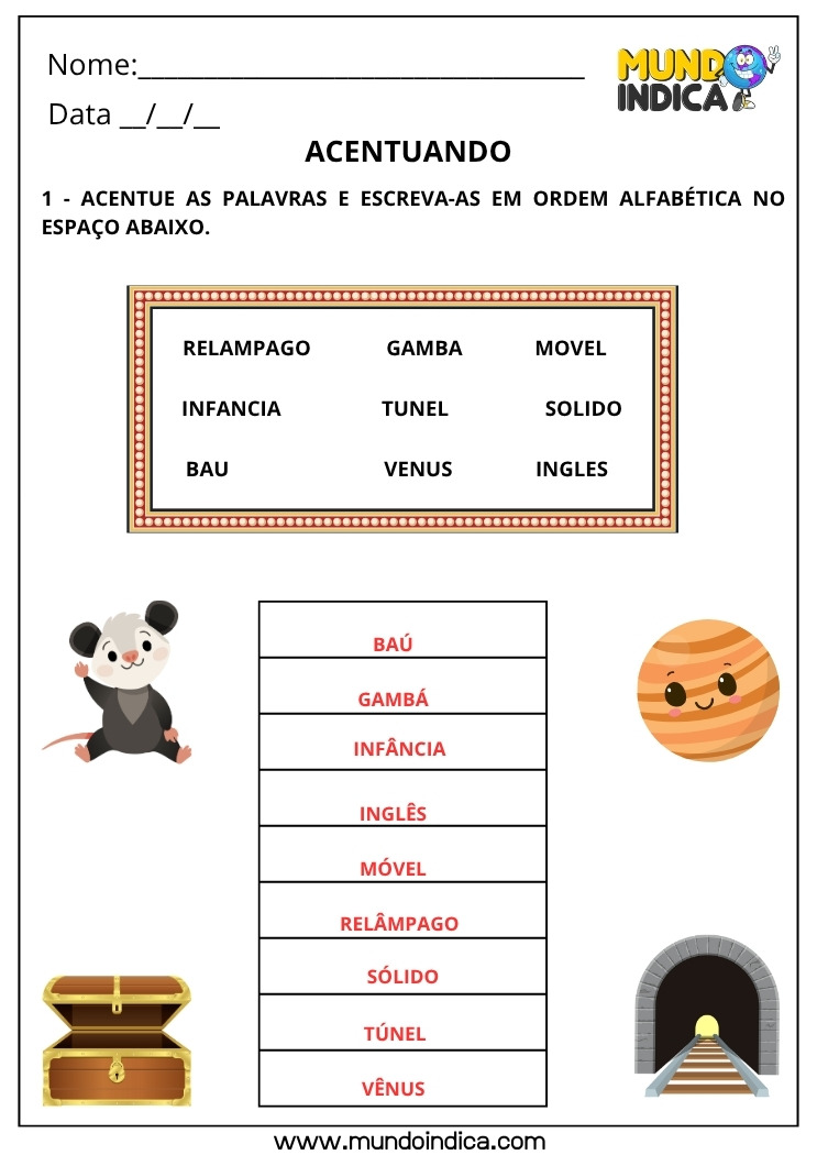 Atividade de Português Acentue as Palavras e Escreva-as em Ordem Alfabética com Resposta