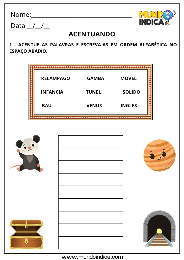 Atividade de Português Acentue as Palavras e Escreva-as em Ordem Alfabética