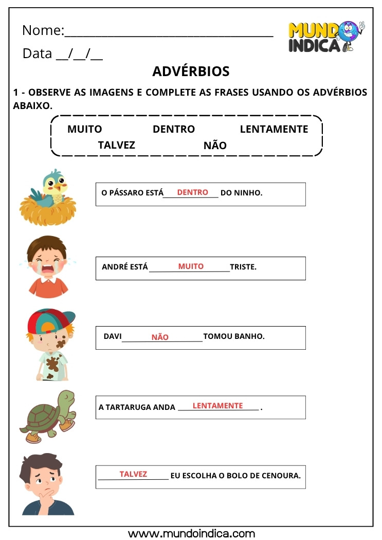 Atividade de Português Complete as Frases Usando os Advérbios com Respostas para Imprimir