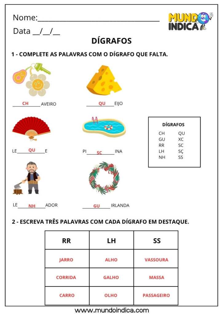 Atividades de Português 3º Ano com Dígrafos para Imprimir