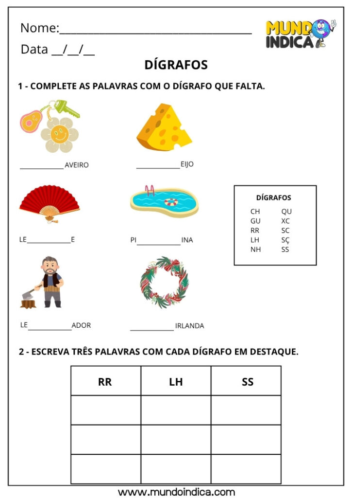 Atividades de Português 3º Ano com Dígrafos para Imprimir