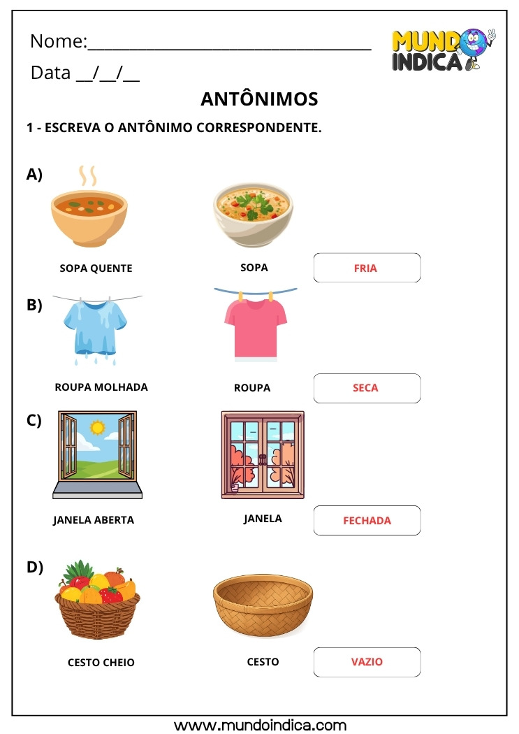 Atividade de Português Escreva o Antônimo Correspondente com Respostas para Imprimir