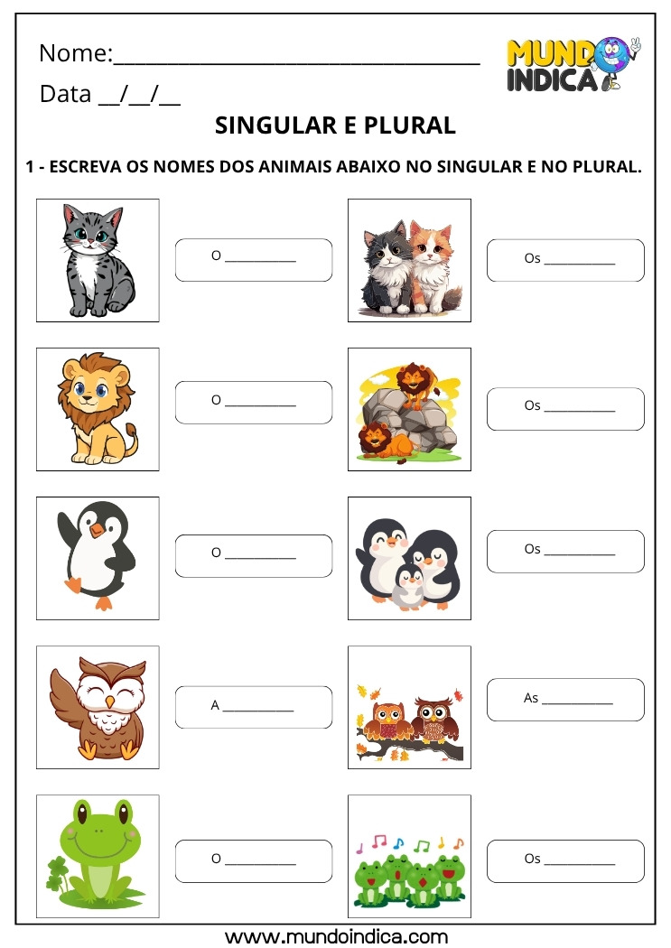Atividade de Português Escreva os Nomes dos Animais no Singular e no Plural para Imprimir