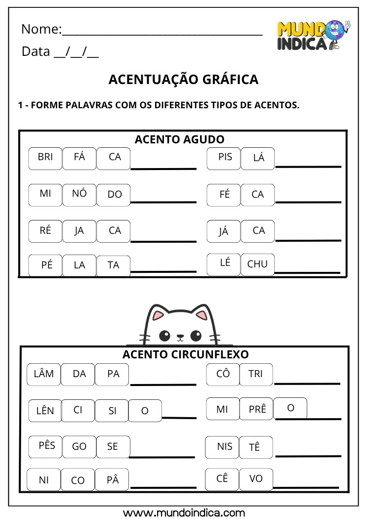 Atividade de Português Forme Palavras com Diferentes Tipos de Acentos para Imprimir