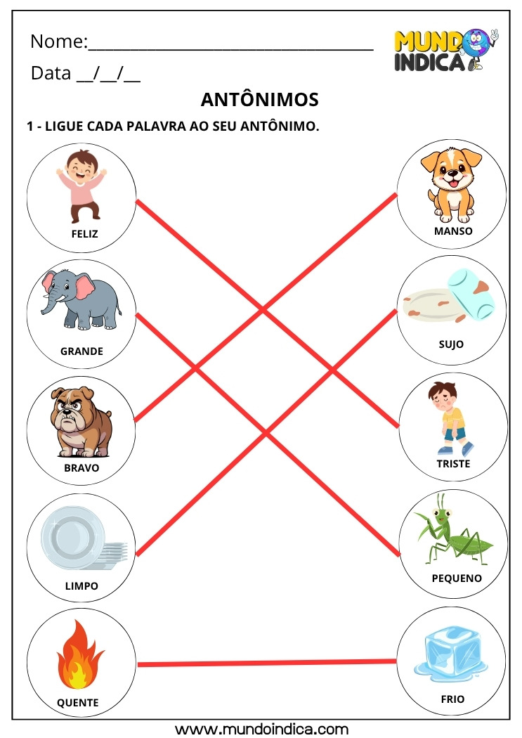 Atividade de Português Ligue Cada Palavra ao seu Antônimo com Respostas para Imprimir