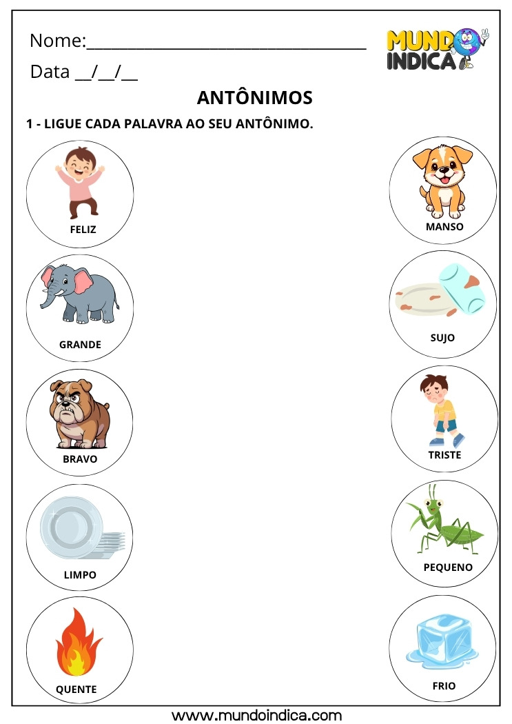 Atividade de Português Ligue Cada Palavra ao seu Antônimo para Imprimir