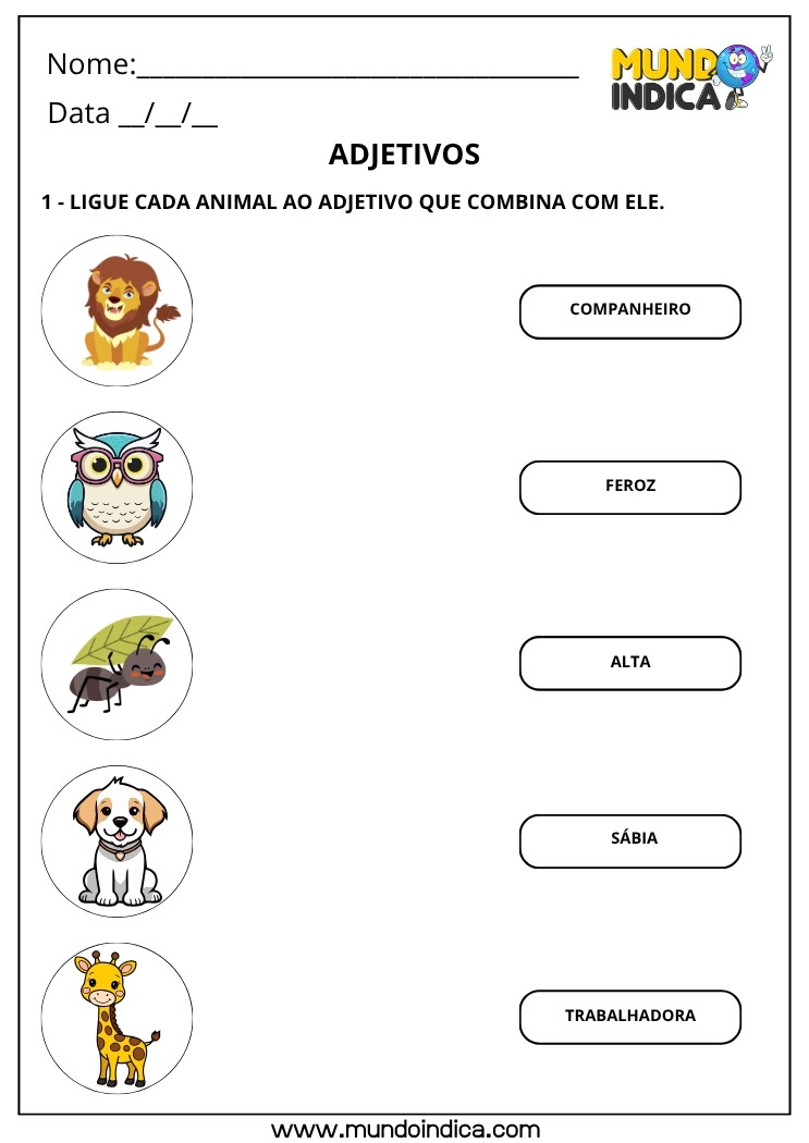 Atividade de Português Ligue cada Animal ao Adjetivo que Combina com Ele para Imprimir