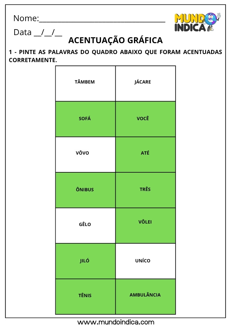 Atividade de Português com Acentuação Gráfica com Pintura das Palavras que Foram Acentuadas Corretamente com Resposta para Imprimir