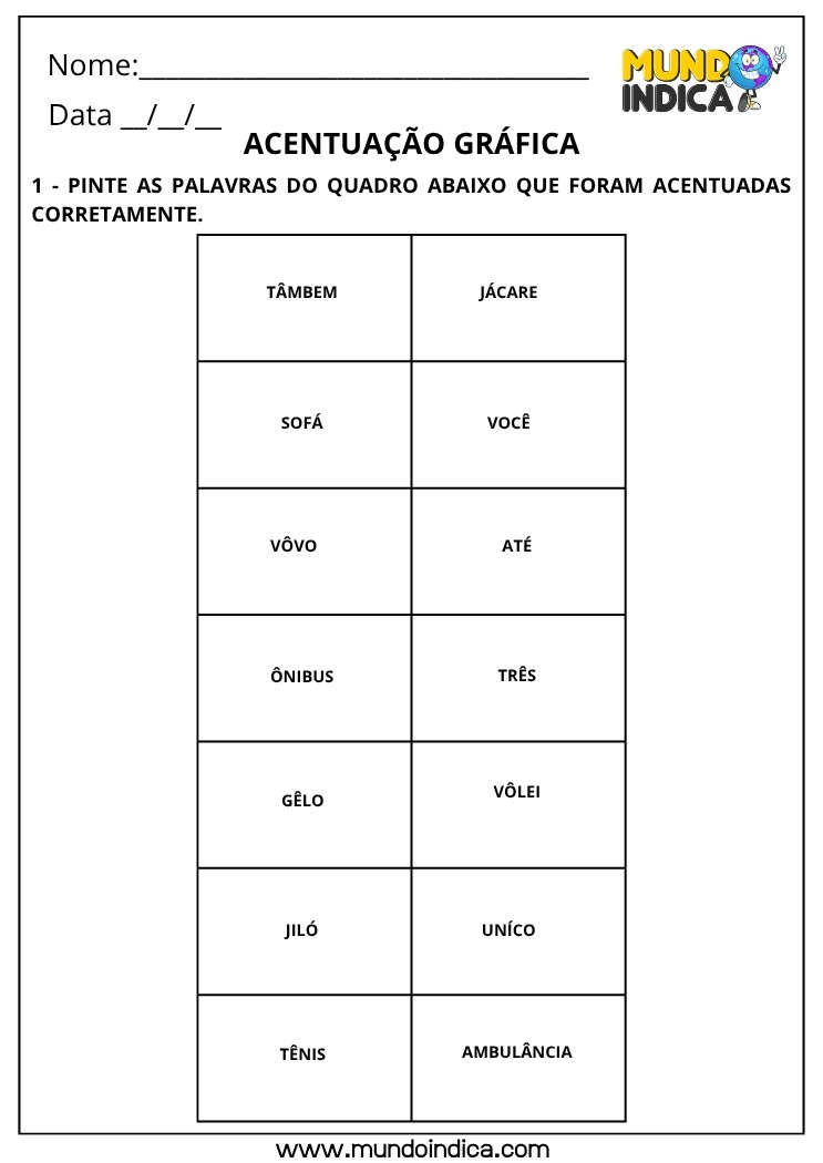 Atividade de Português com Acentuação Gráfica com Pintura das Palavras que Foram Acentuadas Corretamente para Imprimir