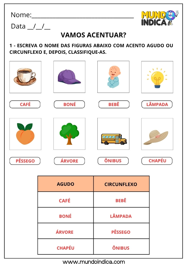 Atividade de Português com Acentuação Gráfica para Escrever o Nome das Figuras e Classificar na Tabela de Acento Agudo ou Circunflexo com Resposta