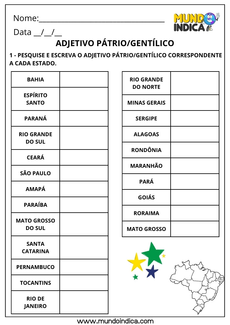 Atividade de Português com Adjetivos Pátrios ou Gentílicos para Imprimir