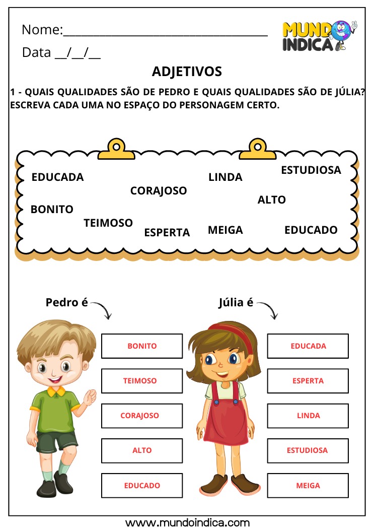 Atividade de Português com Adjetivos para Escrever as Qualidades do Menino e da Menina com Respostas para Imprimir