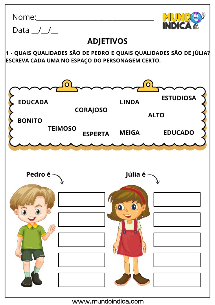 Atividade de Português com Adjetivos para Escrever as Qualidades do Menino e da Menina para Imprimir