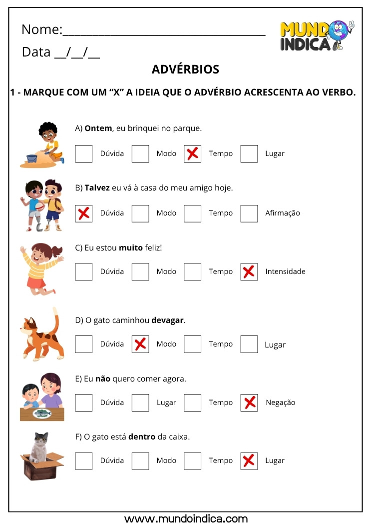 Atividade de Português com Advérbios de Dúvida, Modo, Tempo e Lugar com Respostas para Imprimir