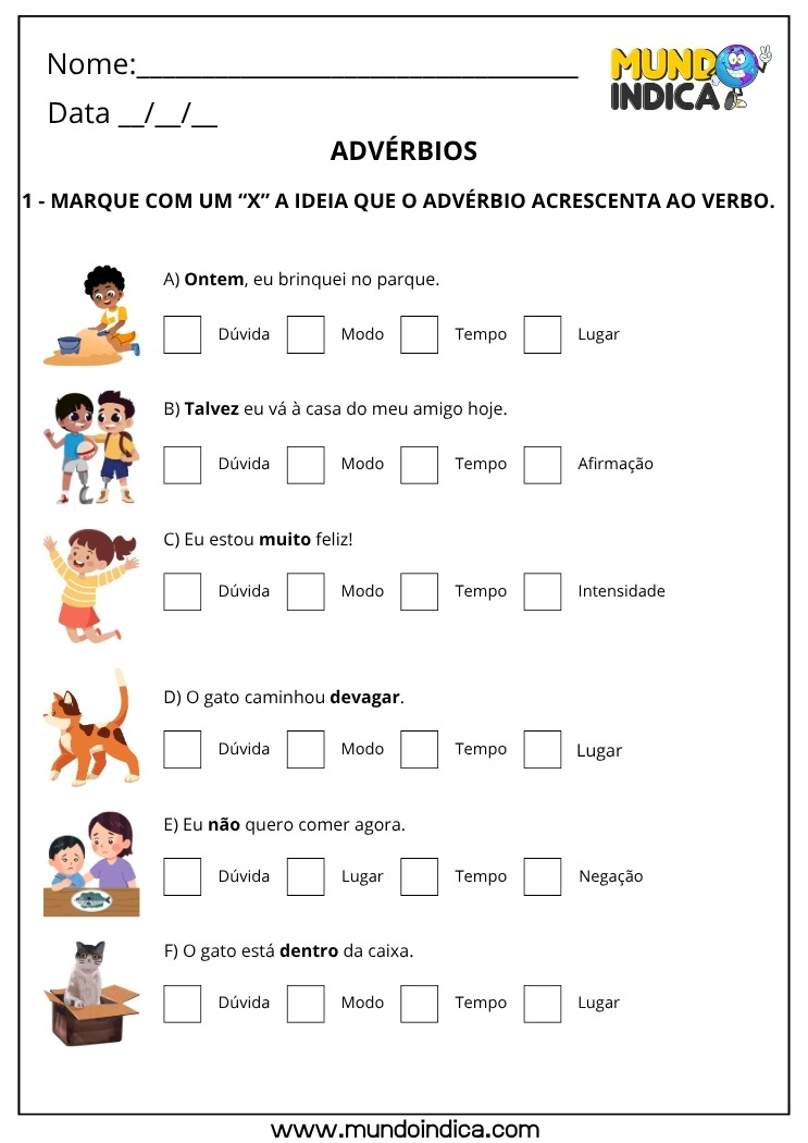 Atividade de Português com Advérbios de Dúvida, Modo, Tempo e Lugar para Imprimir