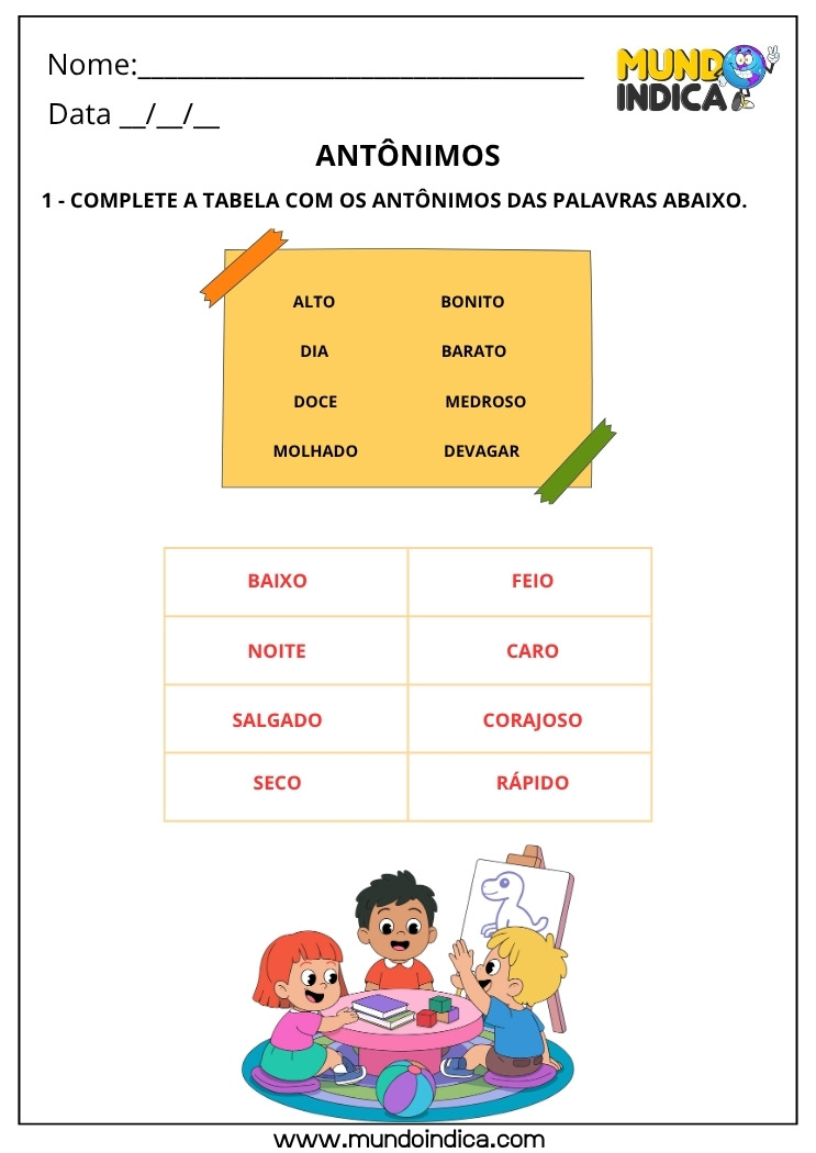 Atividade de Português com Antônimos com Respostas para Imprimir