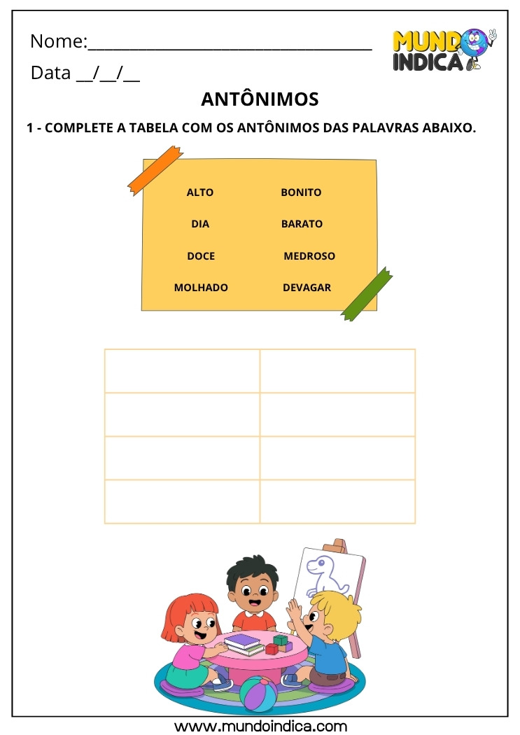 Atividade de Português com Antônimos para Imprimir