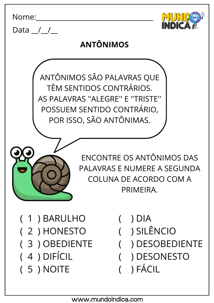 Folha de Atividade de Português Exercícios sobre Antônimos