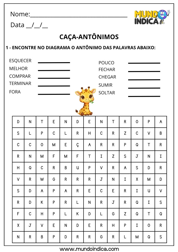 Atividade de Português com Caça-Antônimos para Imprimir