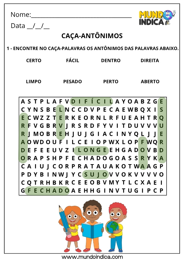 Atividade de Português com Caça-palavras dos Antônimos com Respostas para Imprimir