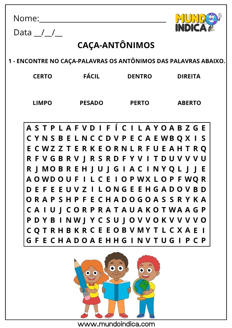 Atividade de Português com Caça-palavras dos Antônimos para Imprimir