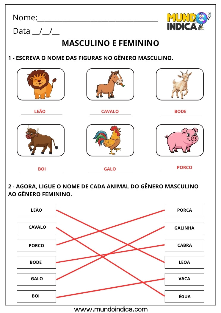 Atividade de Português com Gênero Masculino e Feminino dos Animais com Respostas para Imprimir